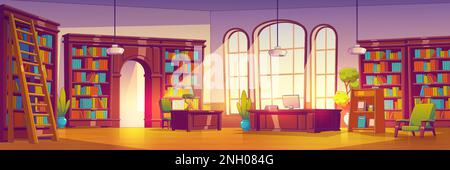 Interno cartoon biblioteca con molti libri. Vettoriale illustrazione contemporanea della letteratura su scaffali in grande stanza, scala in legno, scrivania e poltrona con computer e lampada. Hobby della lettura, istruzione Illustrazione Vettoriale