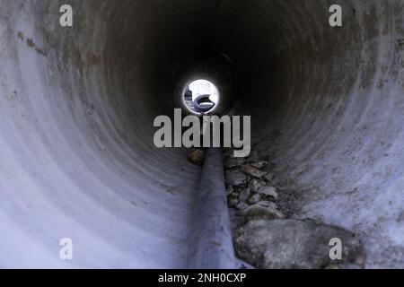 Particolare del vecchio tubo fognario, rovina e sporcizia Foto Stock