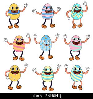 Set di uova di Pasqua groovy cartone stile vintage, Buona Pasqua. Personaggi uova Illustrazione Vettoriale