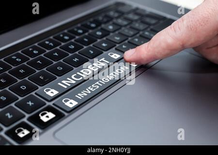 Didascalia di testo che presenta l'indagine sull'incidente, foto concettuale responsabile dell'integrità dell'incidente Foto Stock