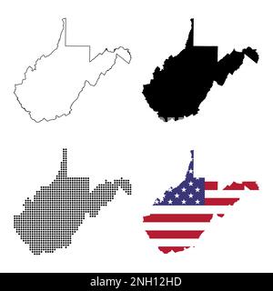 Set di forma della mappa della Virginia Occidentale, stati uniti d'america. Illustrazione vettoriale simbolo icona concetto piatto . Illustrazione Vettoriale