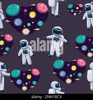 Modello senza giunture astronauta di Cartoon carino su sfondo blu spazio senza giunture modello con pianeti e stelle. Doodle Cartoon Caruto Saturno pianeta. Spazio V. Illustrazione Vettoriale