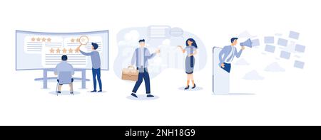 Team di gestione della reputazione, coinvolgimento dei clienti, campagna di marketing via e-mail, concetto di pubblicità digitale, impostare piatto vettore illustrazione moderna Illustrazione Vettoriale