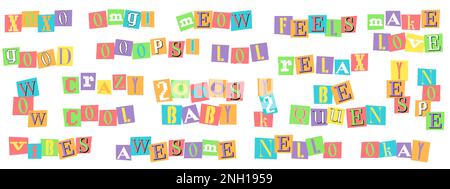 Lettere, numeri e punteggiatura anonimi a partire dalle riviste. Alfabeto clipping in stile psichedelico trendy 90s, 00s. Y2K estetica Illustrazione Vettoriale