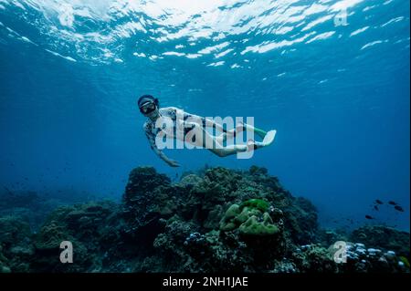 Freediver nelle acque cristalline del Mare delle Andamane in Thailandia Foto Stock