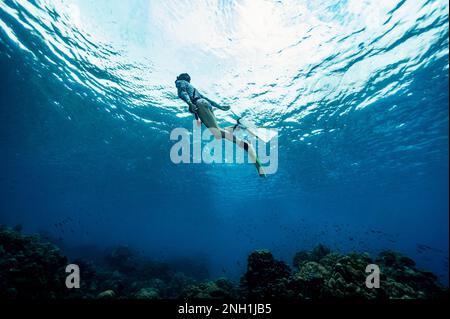 Freediver nelle acque cristalline del Mare delle Andamane in Thailandia Foto Stock