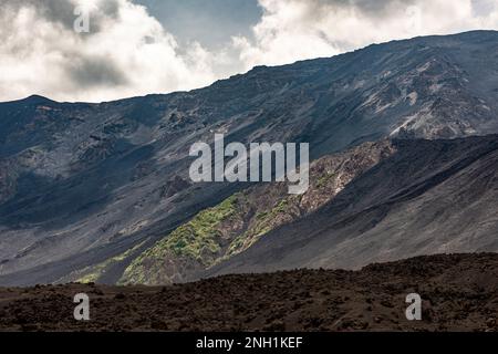 Il paesaggio selvaggio della Valle del Bove sull'Etna, Sicilia, un'enorme valle piena di cenere e lava da migliaia di anni di attività vulcanica Foto Stock