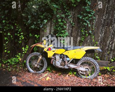 La dirtbike gialla si appoggia contro una recinzione di legno coperta di edera su una strada Foto Stock