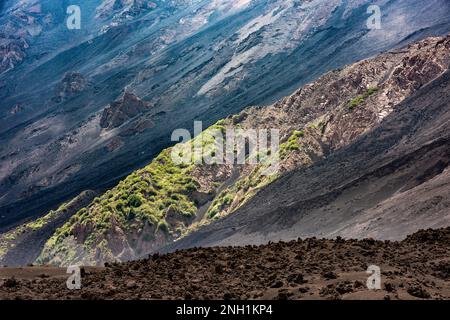 Il paesaggio selvaggio della Valle del Bove sull'Etna, Sicilia, un'enorme valle piena di cenere e lava da migliaia di anni di attività vulcanica Foto Stock