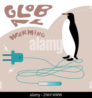 Riscaldamento GLOBALE e pinguino. Il cambiamento climatico SALVA LA TERRA ORA. Illustrazione vettoriale, produzione urbana di elettricità ed emissioni CO2 OR Illustrazione Vettoriale