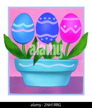 Uova di Pasqua in vaso di fiori sfondo rosa su bianco Foto Stock