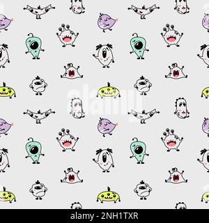 Divertente modello senza cuciture per bambini con alieni. Design per bambini. Diversi semplici mostri carini. Stampa minimalista per abbigliamento da bambino Illustrazione Vettoriale