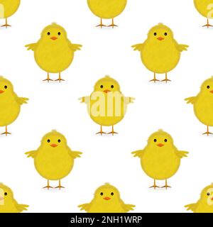 Motivo senza cuciture con pollo giallo isolato su sfondo bianco. Illustrazione. Foto Stock