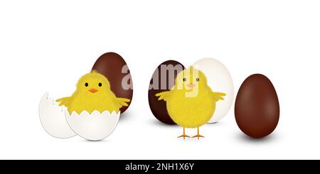Uova di Pasqua e pulcini isolati su sfondo bianco. Illustrazione. Foto Stock