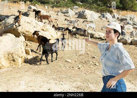 Felice successo latino femmina prendere capre per camminare sulla zona rocciosa vicino a casa colonica Foto Stock