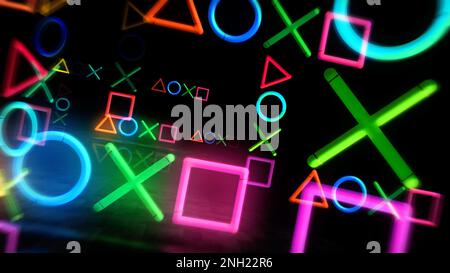 Simbolo al neon delle icone del joystick. Lampadine di colore della luce simbolo del controller di gioco eSport. Illustrazione del concetto astratto 3D. Foto Stock