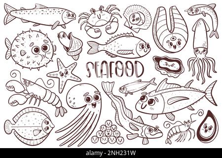 Bella collezione di frutti di mare con volti cartoni animati. Clipart di doodle isolate. Pagina di illustrazione della colorazione. Foto Stock