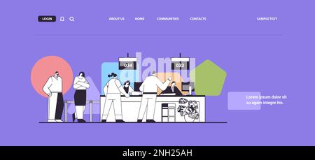 persone che guardano la bacheca dei display in sala d'attesa sistema di accodamento elettronico concetto di gestione delle code Illustrazione Vettoriale