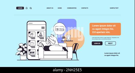 donna che ordina e acquista cibo in app mobile sullo schermo dello smartphone online shopping fast food concetto Illustrazione Vettoriale