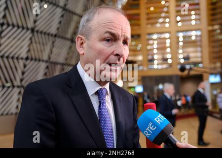 Bruxelles, Belgio. 20th Feb, 2023. Micheal MARTIN, ministro degli Affari esteri, arriva alla riunione del Consiglio Affari esteri (FAC) presso la sede dell'UE a Bruxelles, in Belgio, il 20 febbraio 2023. Credit: ALEXANDROS MICHAILIDIS/Alamy Live News Foto Stock