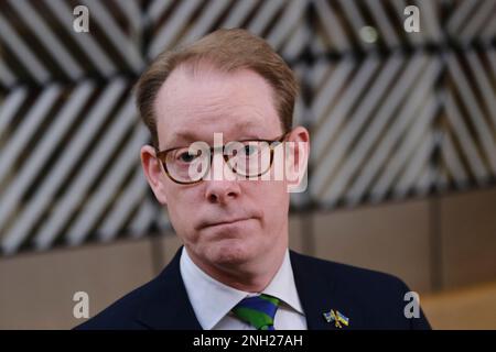 Bruxelles, Belgio. 20th Feb, 2023. Tobias BILLSTROM, ministro degli Affari esteri, arriva il 20 febbraio 2023 in occasione di una riunione del Consiglio Affari esteri (FAC) presso la sede dell'UE a Bruxelles, in Belgio. Credit: ALEXANDROS MICHAILIDIS/Alamy Live News Foto Stock