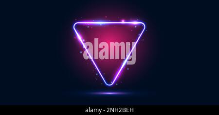 Cornice triangolare al neon con effetti luminosi e evidenziazioni su sfondo blu-rosa scuro. Illustrazione Vettoriale