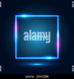 Cornice rosa e blu quadrata al neon su sfondo scuro. Illustrazione Vettoriale