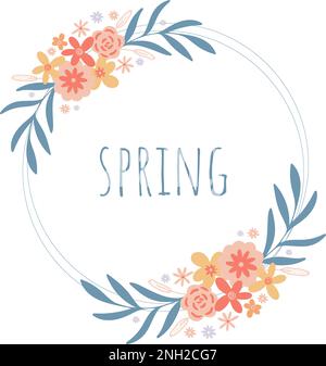 Corona di primavera con composizioni floreali e primavera parola Illustrazione Vettoriale