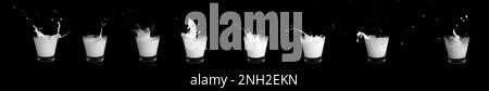 Set di bicchieri con spruzzi di latte su sfondo nero Foto Stock