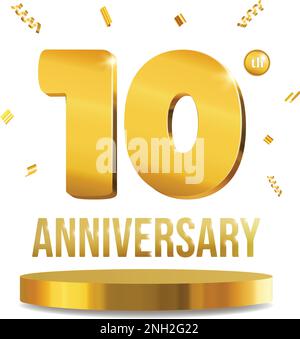 Celebrazione anniversario 3D numeri Golden composizione 10 anni vettore realistico Illustrazione Vettoriale