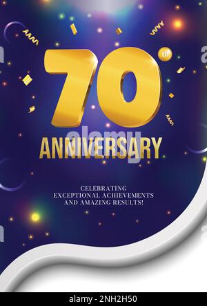 Poster di celebrazione anniversario con data dorata 3D e luci luminose 70 anni Illustrazione Vettoriale