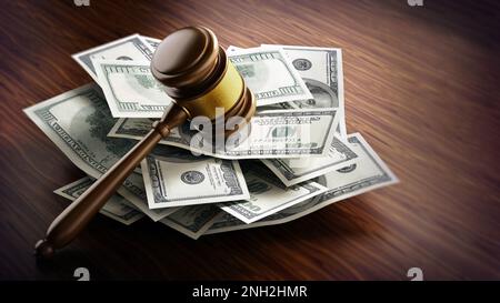 Giudice Gavel su pila di 100 dollari di carta fatture. Illustrazione 3D. Foto Stock