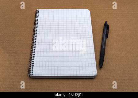 Carta per grafici a spirale notebook con penna a sfera nera sulla parte superiore di cartone marrone Foto Stock