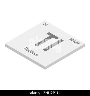 Tallio, ti, grigio 3D immagine isometrica dell'elemento periodico della tabella con nome, simbolo, numero atomico e peso. Metallo post-transizione con vari usi industriali, come in alcuni tipi di imaging medicale e come componente in alcuni tipi di vetro. Illustrazione Vettoriale