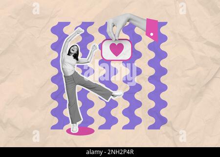 Collage foto illustrazione poster donna danza incurante amore simbolo di San Valentino concetto solitario persona doodle isolato su sfondo grigio dipinto Foto Stock