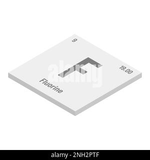Fermium, FM, grigio 3D immagine isometrica dell'elemento periodico della tabella con nome, simbolo, numero atomico e peso. Elemento radioattivo sintetico con potenziali impieghi nella ricerca scientifica e nell'energia nucleare. Illustrazione Vettoriale