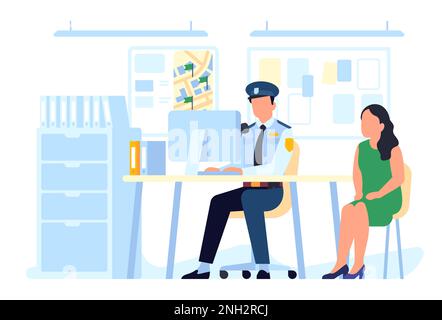 Il detective si siede alla scrivania e interroga la donna. Stazione di polizia. Poliziotto che parla con testimone. Ricerca di evidenze. Ufficio di pattuglia. COP Illustrazione Vettoriale