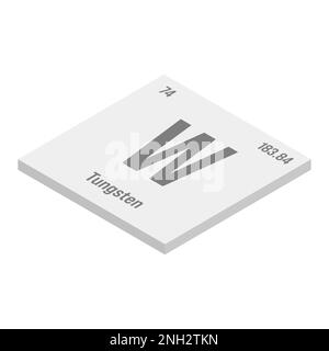 Immagine isometrica in tungsteno, W, grigio 3D dell'elemento periodico della tabella con nome, simbolo, numero atomico e peso. Metallo di transizione con vari usi industriali, come in certi tipi di illuminazione, contatti elettrici, e come componente in certi tipi di leghe. Illustrazione Vettoriale