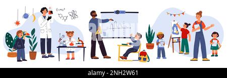 Insegnanti con studenti. Diverse materie scolastiche. I professionisti insegnano chimica e fisica. Classe di belle arti. Bambini dipingere immagini o fare Illustrazione Vettoriale