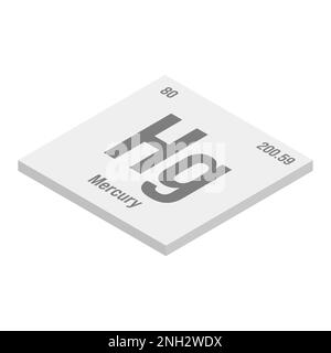 Mercurio, Hg, grigio 3D immagine isometrica dell'elemento periodico della tabella con nome, simbolo, numero atomico e peso. Metallo pesante con vari usi industriali, come in termometri, interruttori elettrici, e come componente in alcuni farmaci. Illustrazione Vettoriale