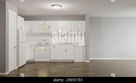 cucina e soggiorno elettrodomestici bianchi in camera vuota concetto rendere Foto Stock
