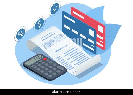 Payment Machine o POS Terminal con record di ricevuta, modello di disegno di fattura ATM, assegno finanziario cartaceo per mockup. Pagamento online isometrico, bancario Illustrazione Vettoriale