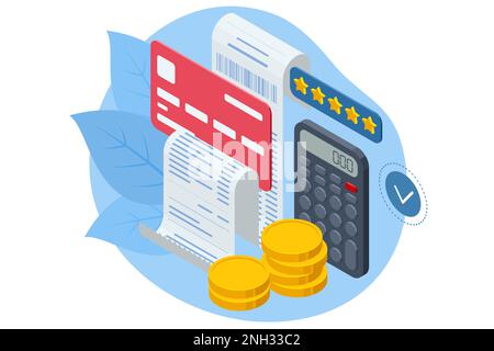 Payment Machine o POS Terminal con record di ricevuta, modello di disegno di fattura ATM, assegno finanziario cartaceo per mockup. Pagamento online isometrico, bancario Illustrazione Vettoriale