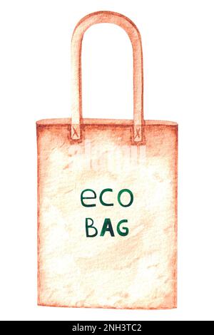 Borsa ecologica watercolor con scritta su sfondo bianco per il design del prodotto. Preserviamo la natura. Foto Stock