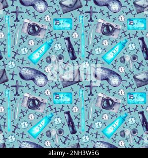 Acquerello nello stile di un viaggiatore. Illustrazioni con fotocamera, carta di credito, aeroplani, cuffie, frecce, schede per la progettazione di notebook, Foto Stock