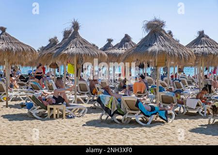 Ombrelloni su sedie reclinabili sulla spiaggia di Golem / Plazhi i Golemit in estate, spiaggia di sabbia a sud della città di Durrës, Albania settentrionale Foto Stock