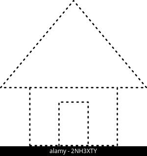 Tracciando la forma delle linee tratteggiate della casa per i bambini della scuola materna e dell'asilo l'elemento del foglio di lavoro per la pratica di disegno Illustrazione Vettoriale