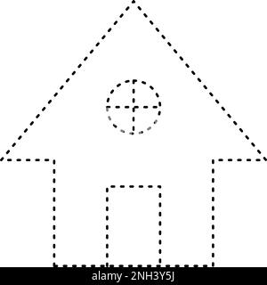 Tracciando la forma delle linee tratteggiate della casa per i bambini della scuola materna e dell'asilo l'elemento del foglio di lavoro per la pratica di disegno Illustrazione Vettoriale