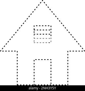 Tracciando la forma delle linee tratteggiate della casa per i bambini della scuola materna e dell'asilo l'elemento del foglio di lavoro per la pratica di disegno Illustrazione Vettoriale