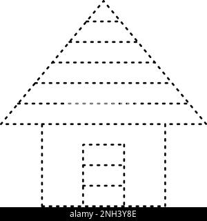 Tracciando la forma delle linee tratteggiate della casa per i bambini della scuola materna e dell'asilo l'elemento del foglio di lavoro per la pratica di disegno Illustrazione Vettoriale